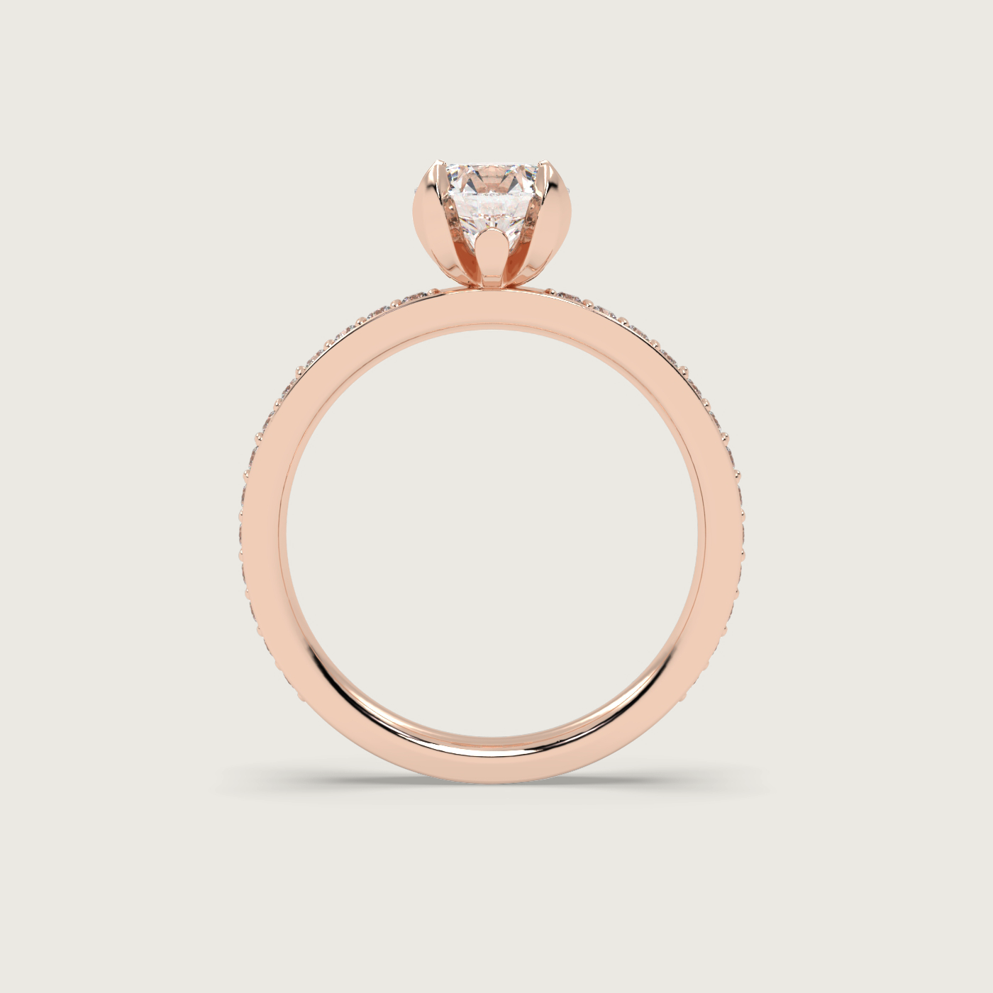 Round Diamond Solitaire Ring with Pavé Set Band in Fleur de Luce Setting