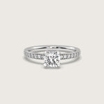 Cushion Diamond Solitaire Ring with Pavé Set Band in Fleur de Luce Setting