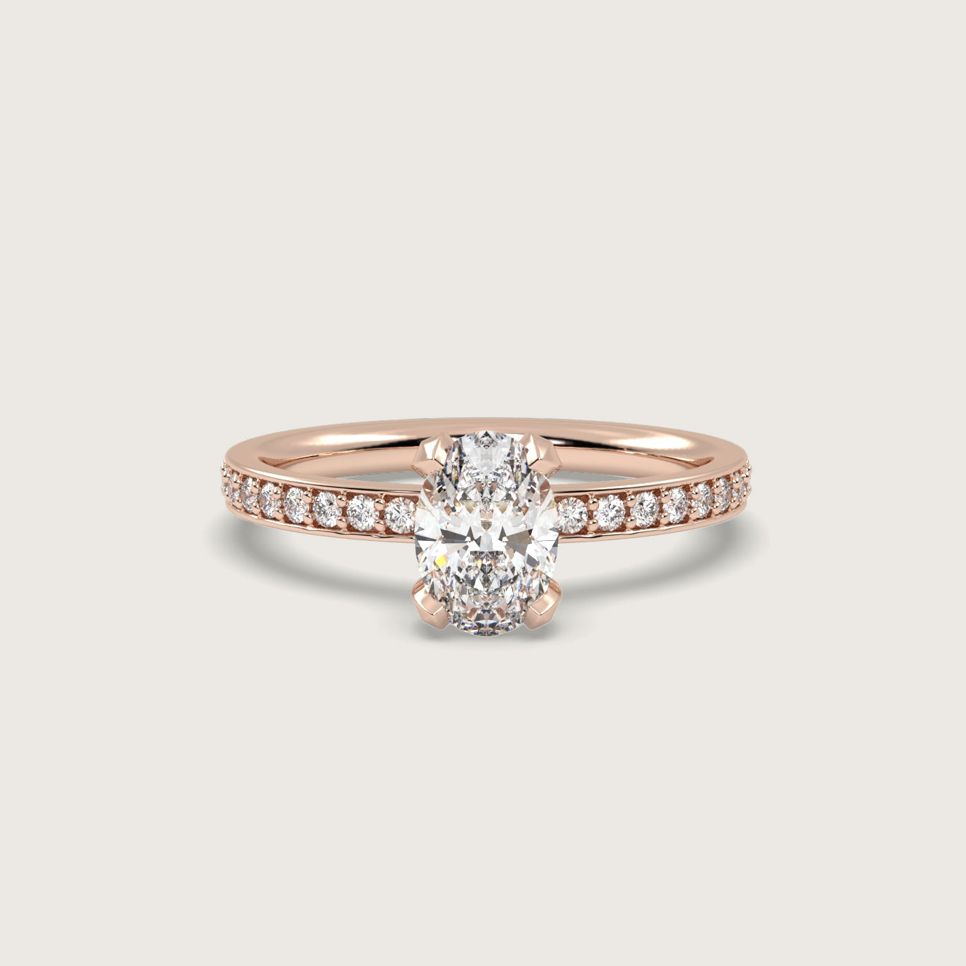 Oval Diamond Solitaire Ring with Pavé Set Band in Fleur de Luce Setting