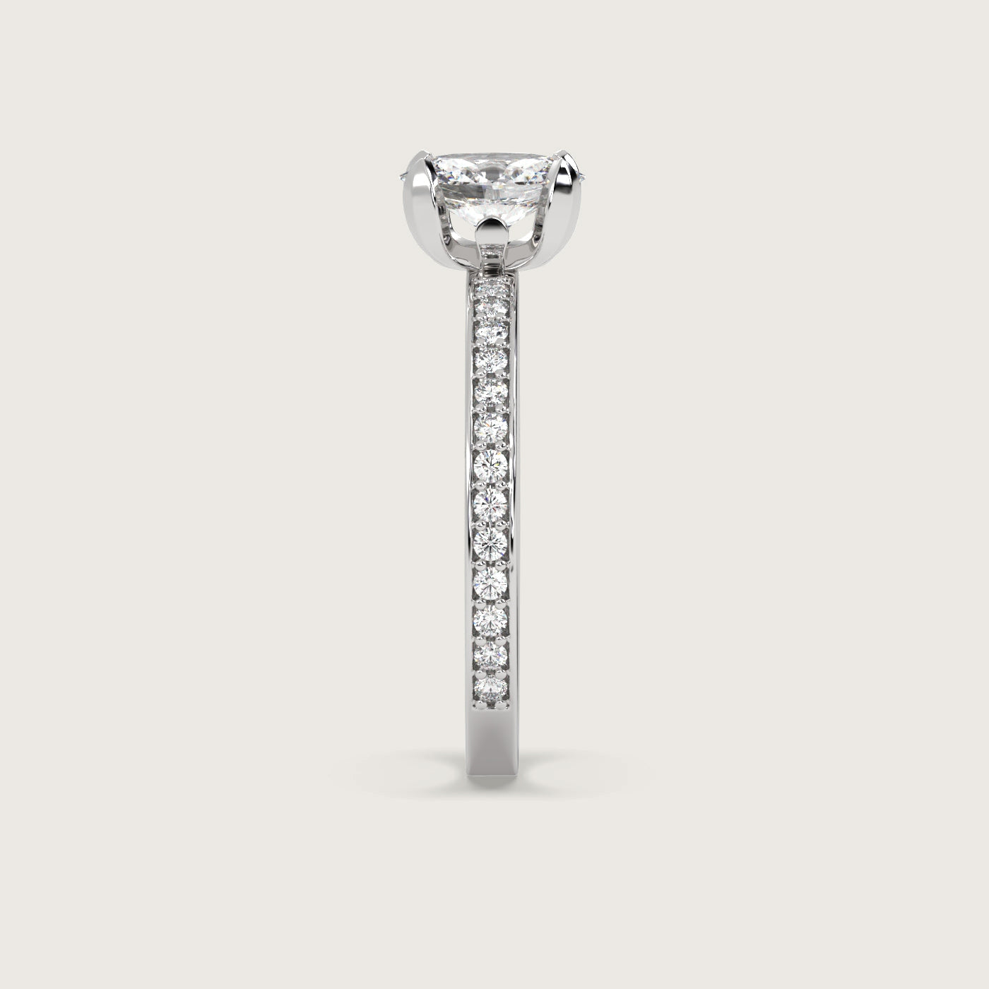 Oval Diamond Solitaire Ring with Pavé Set Band in Fleur de Luce Setting