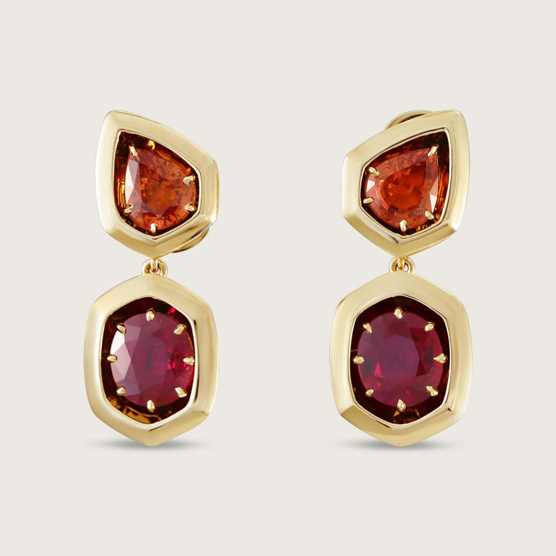 Radiance Ruby and Orange Sapphire Earring Drops in 18k Yellow Gold