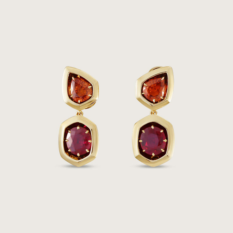 Radiance Ruby and Orange Sapphire Earring Drops in 18k Yellow Gold