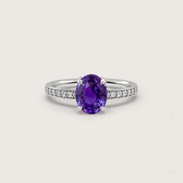 4.51ct Purple Sapphire Fleur de Luce Solitaire Engagement Ring in 18k White Gold