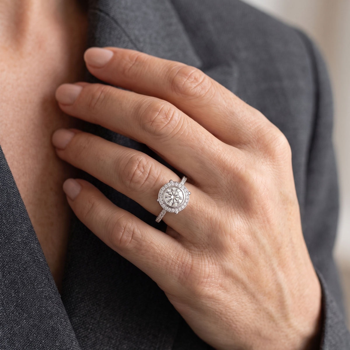 Round Halo Engagement Ring with Pavé Set Band