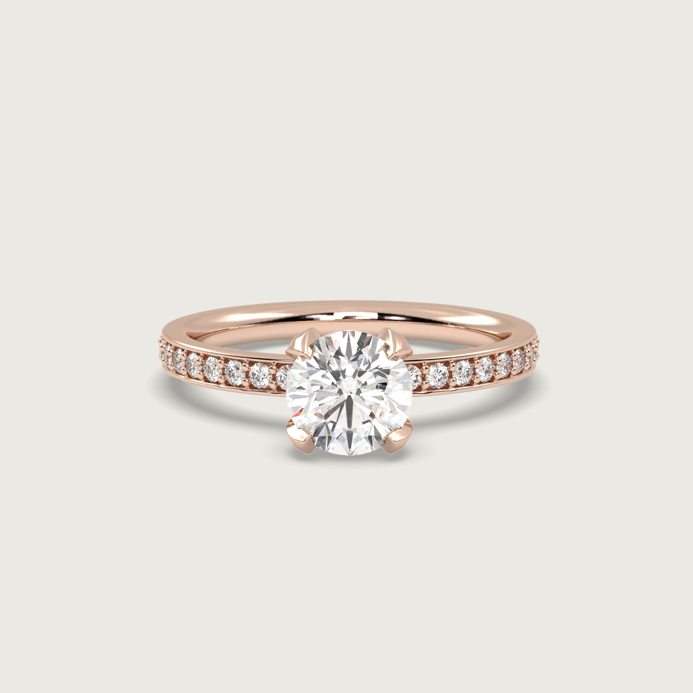 Round Diamond Solitaire Ring with Pavé Set Band in Fleur de Luce Setting