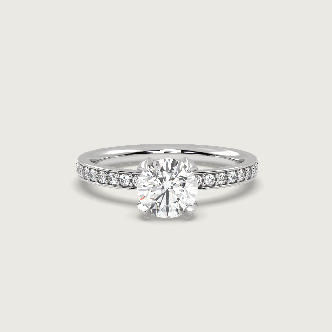 Round Diamond Solitaire Ring with Pavé Set Band in Fleur de Luce Setting