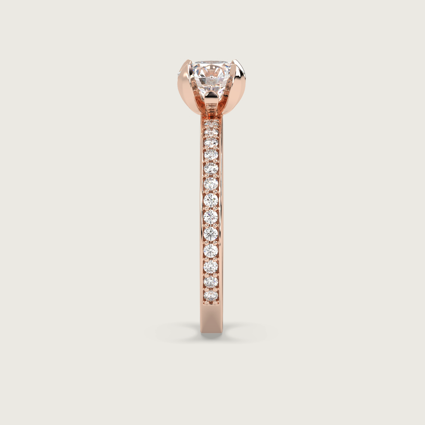 Round Diamond Solitaire Ring with Pavé Set Band in Fleur de Luce Setting