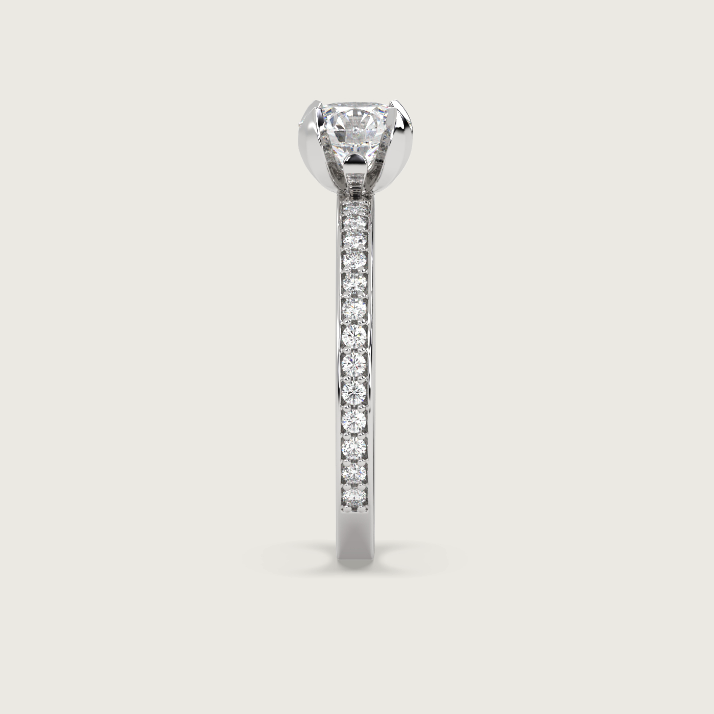 Round Diamond Solitaire Ring with Pavé Set Band in Fleur de Luce Setting
