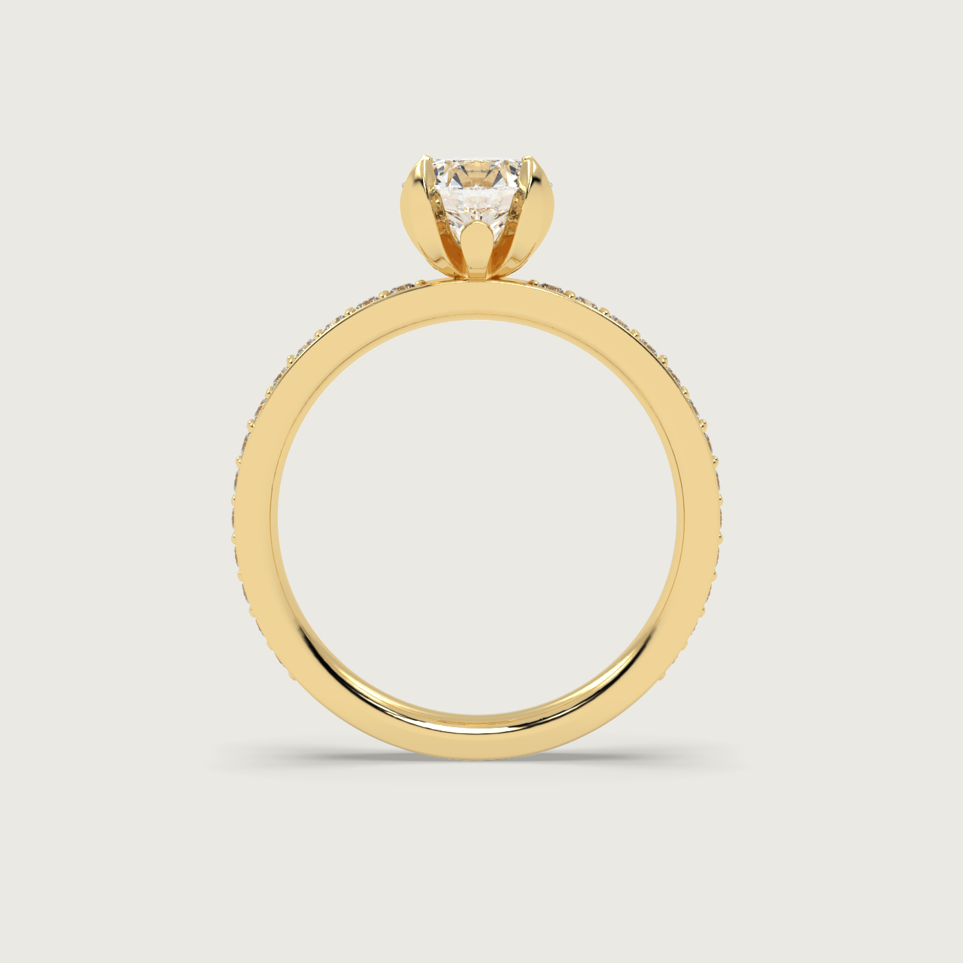 Round Diamond Solitaire Ring with Pavé Set Band in Fleur de Luce Setting