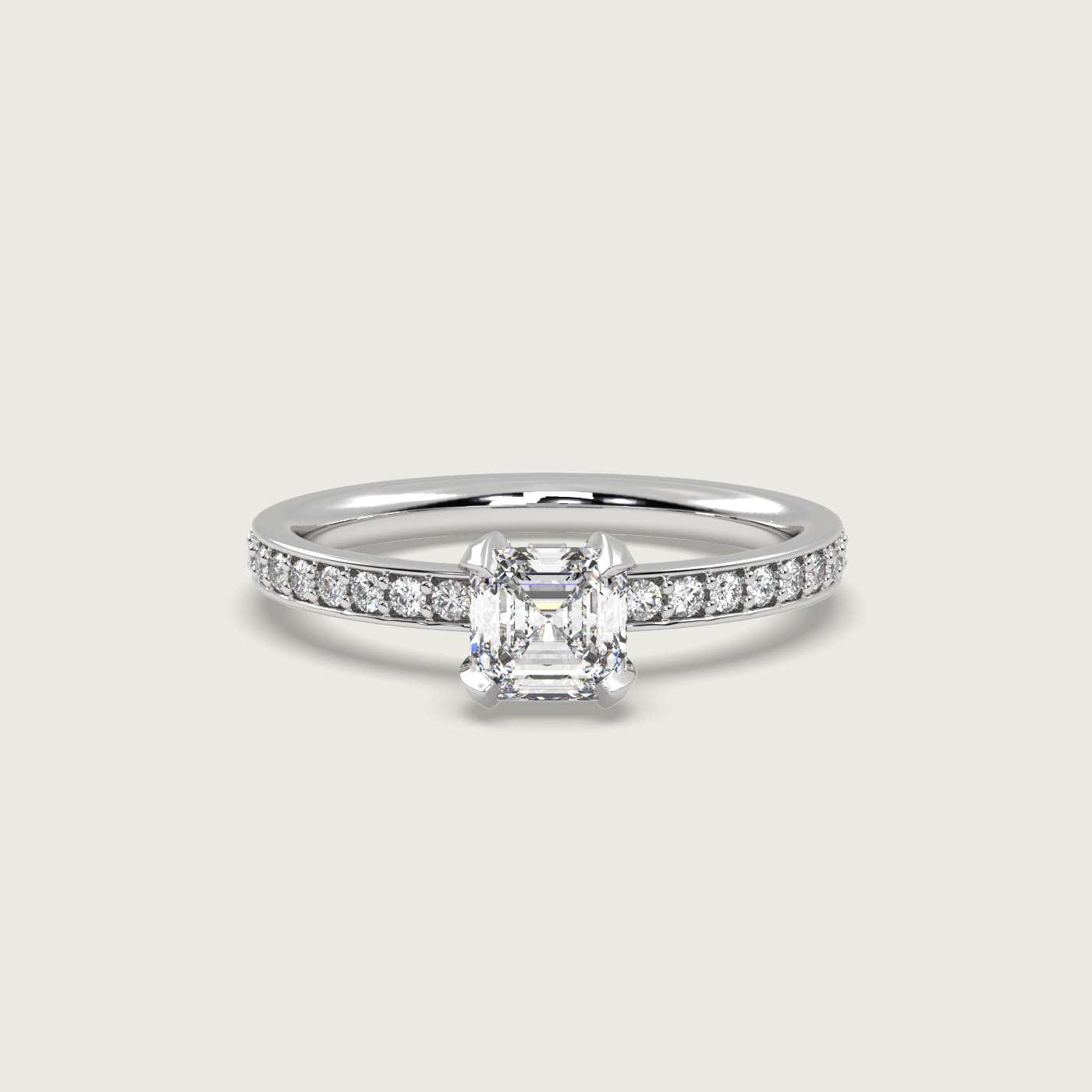 Square Diamond Engagement Ring with Pavé Set Band in Fleur de Luce Setting