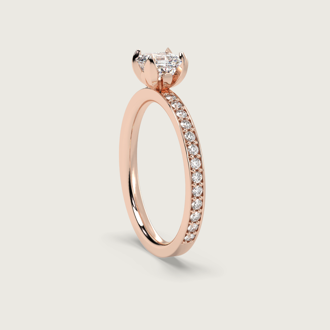 Square Diamond Engagement Ring with Pavé Set Band in Fleur de Luce Setting