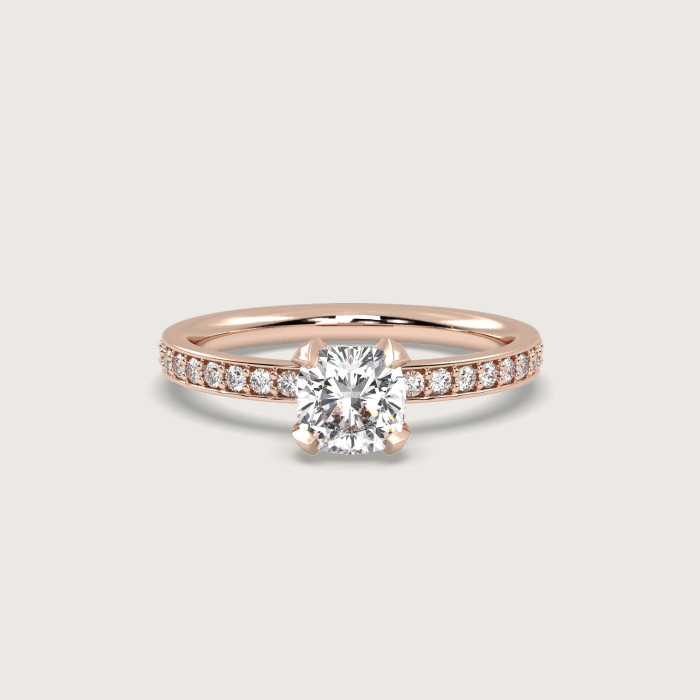 Cushion Diamond Solitaire Ring with Pavé Set Band in Fleur de Luce Setting