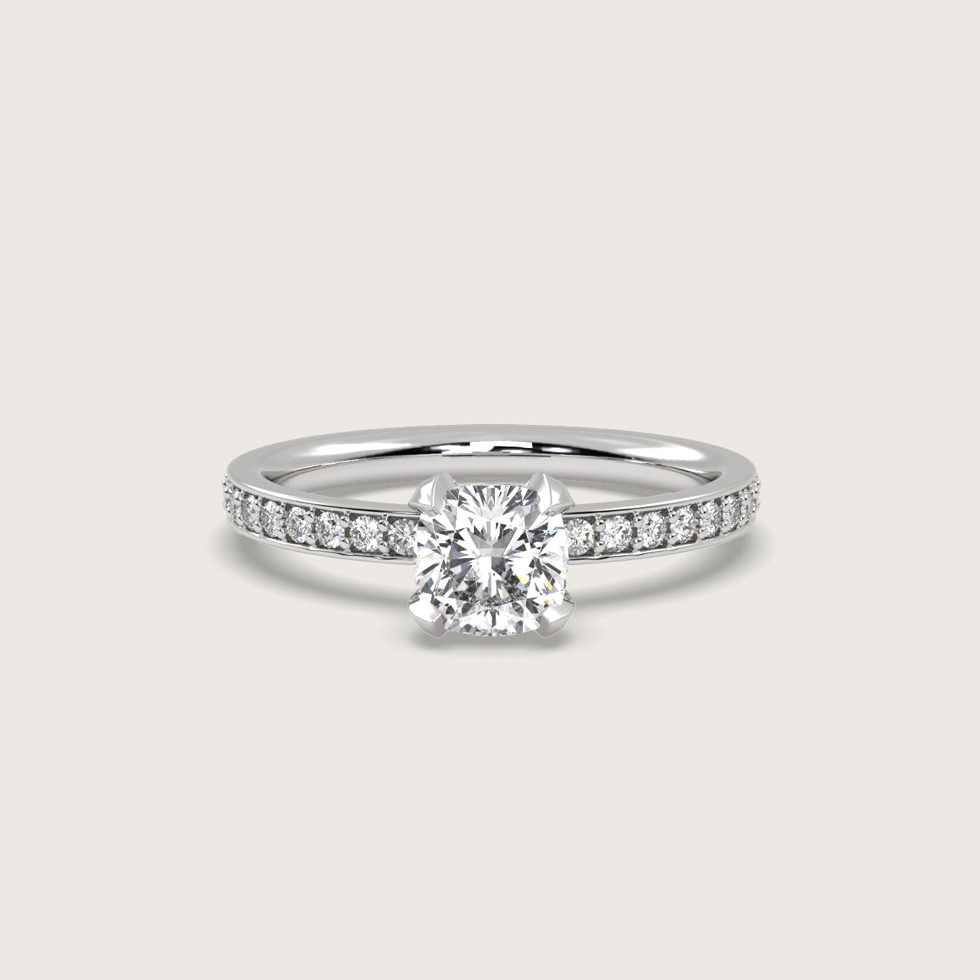 Cushion Diamond Solitaire Ring with Pavé Set Band in Fleur de Luce Setting
