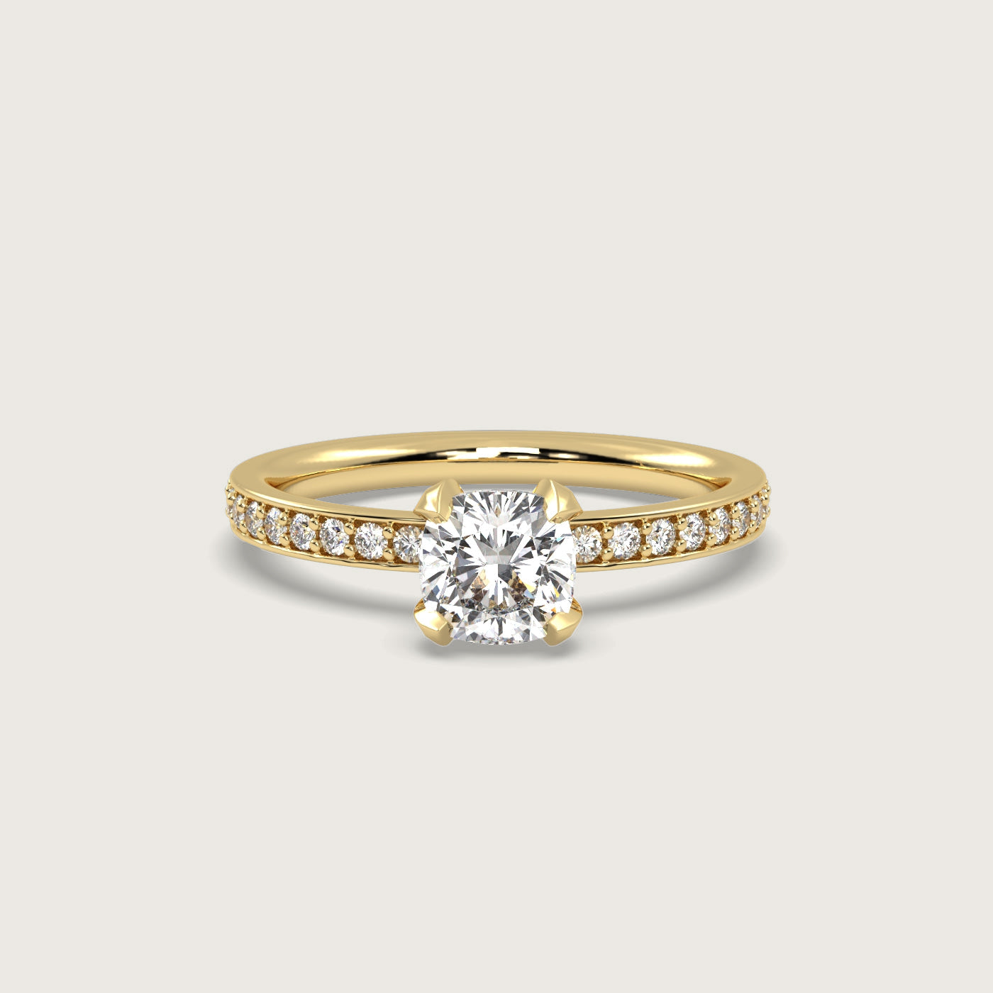 Cushion Diamond Solitaire Ring with Pavé Set Band in Fleur de Luce Setting