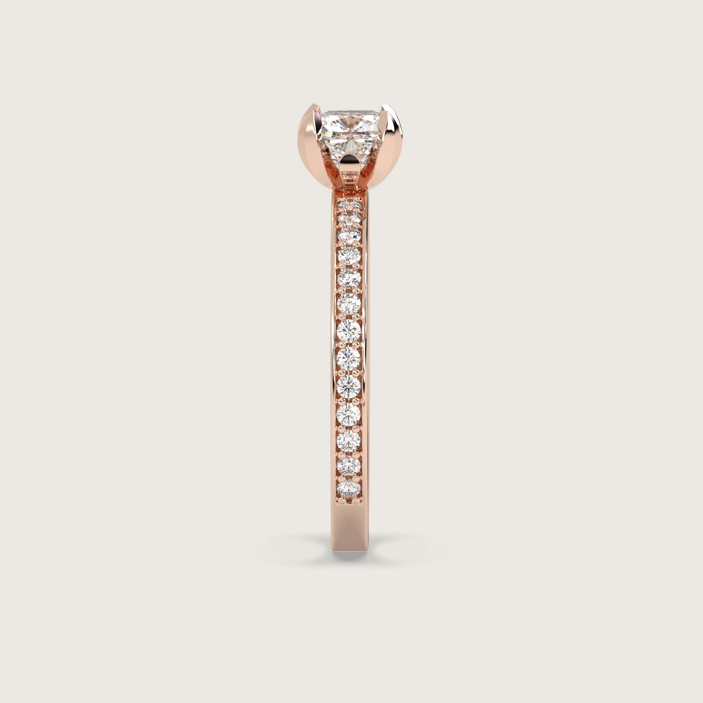 Cushion Diamond Solitaire Ring with Pavé Set Band in Fleur de Luce Setting