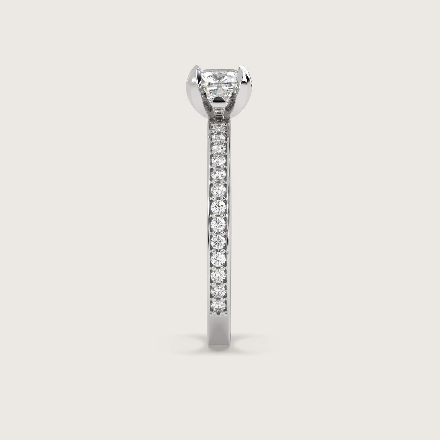 Cushion Diamond Solitaire Ring with Pavé Set Band in Fleur de Luce Setting