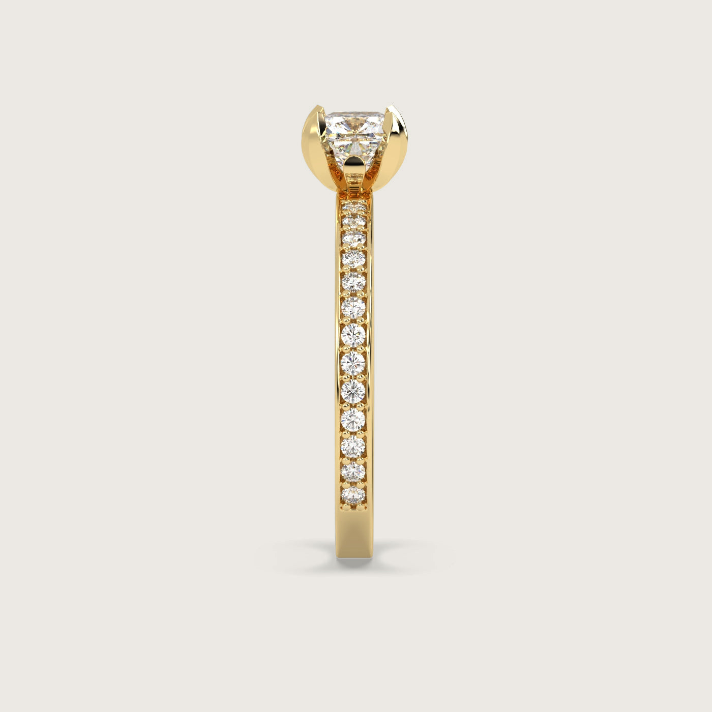 Cushion Diamond Solitaire Ring with Pavé Set Band in Fleur de Luce Setting