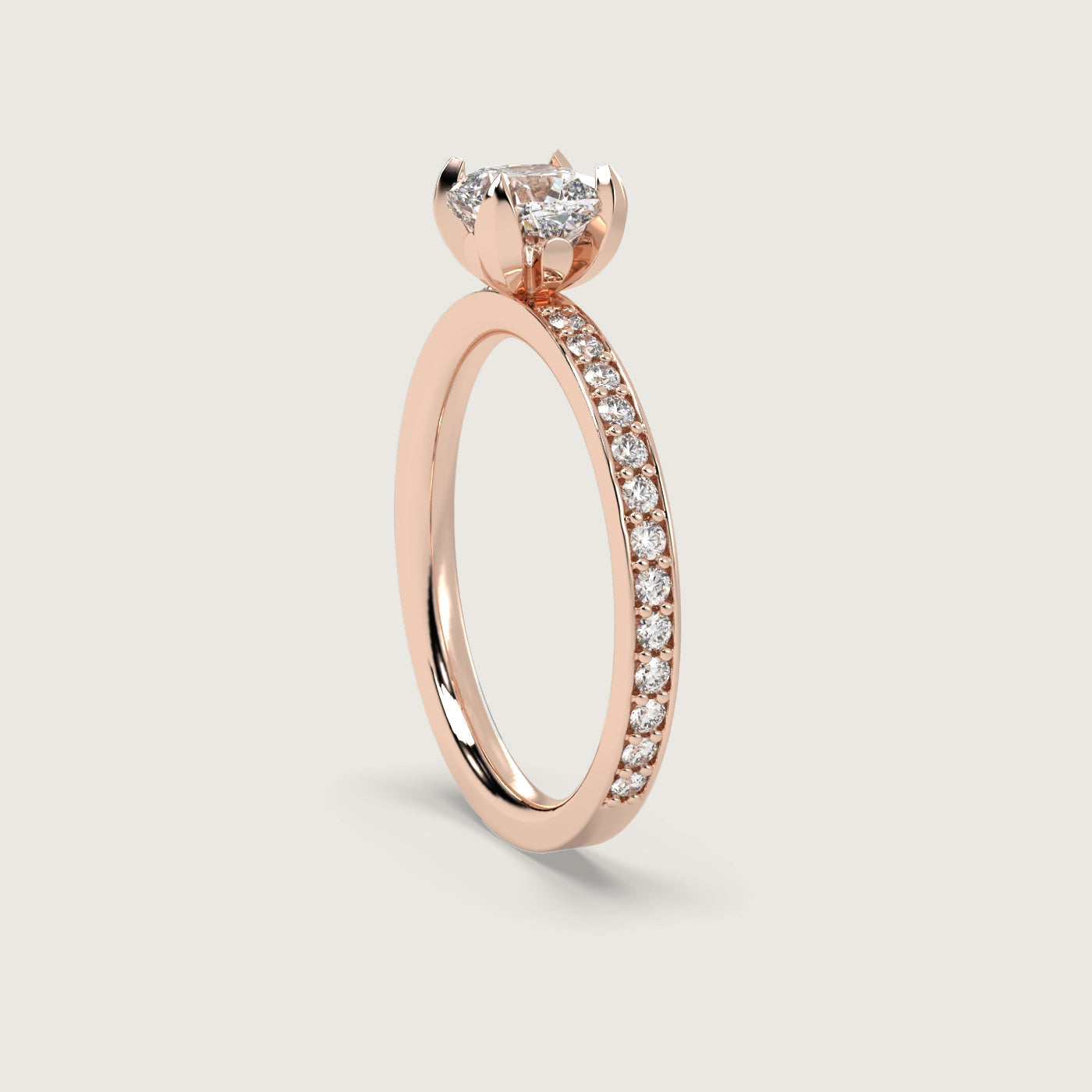 Cushion Diamond Solitaire Ring with Pavé Set Band in Fleur de Luce Setting