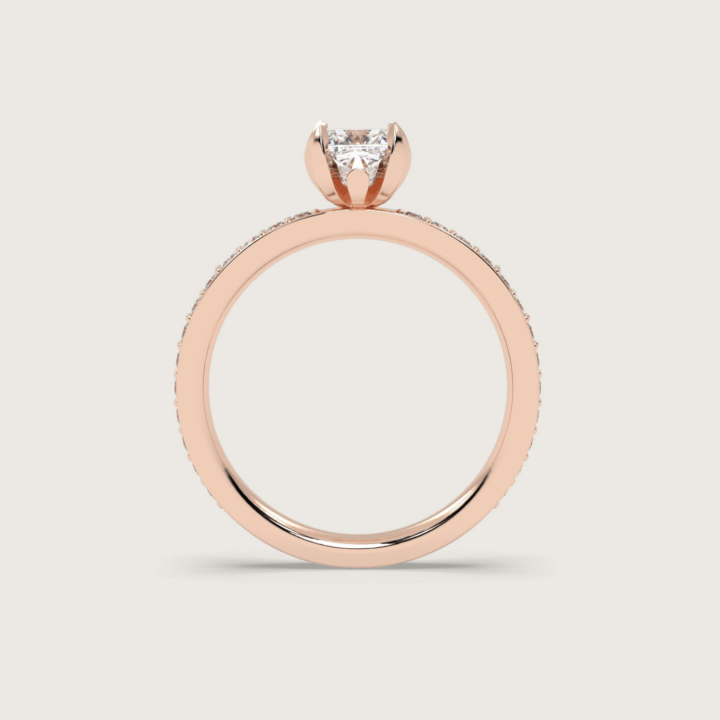 Cushion Diamond Solitaire Ring with Pavé Set Band in Fleur de Luce Setting