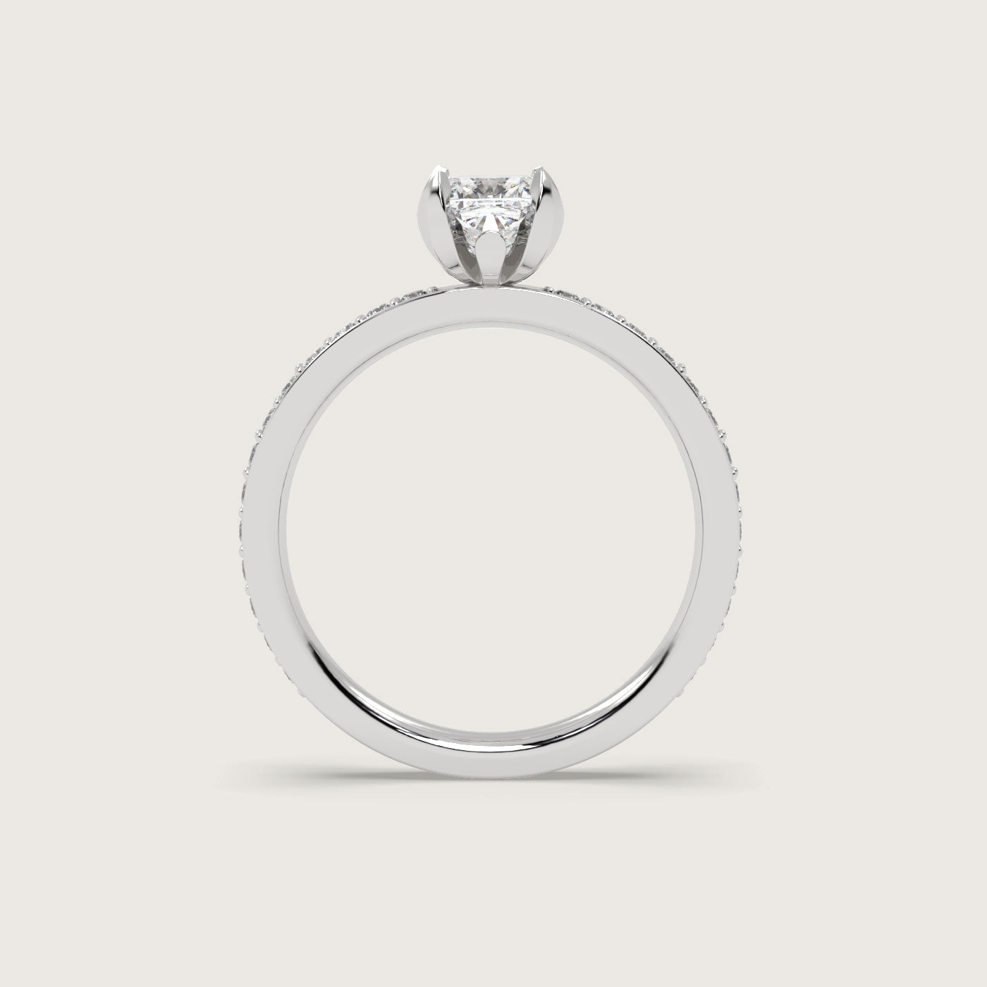 Cushion Diamond Solitaire Ring with Pavé Set Band in Fleur de Luce Setting