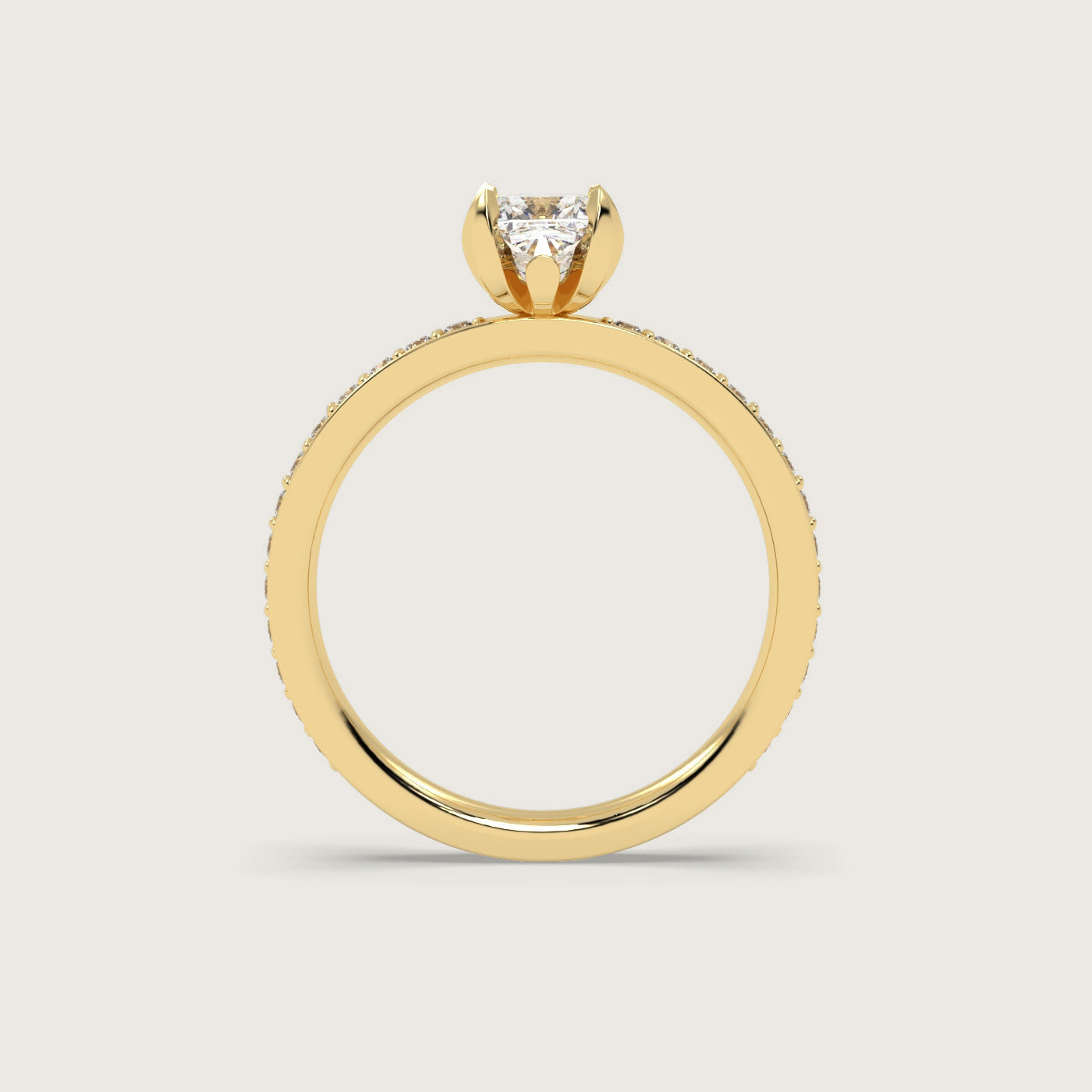 Cushion Diamond Solitaire Ring with Pavé Set Band in Fleur de Luce Setting