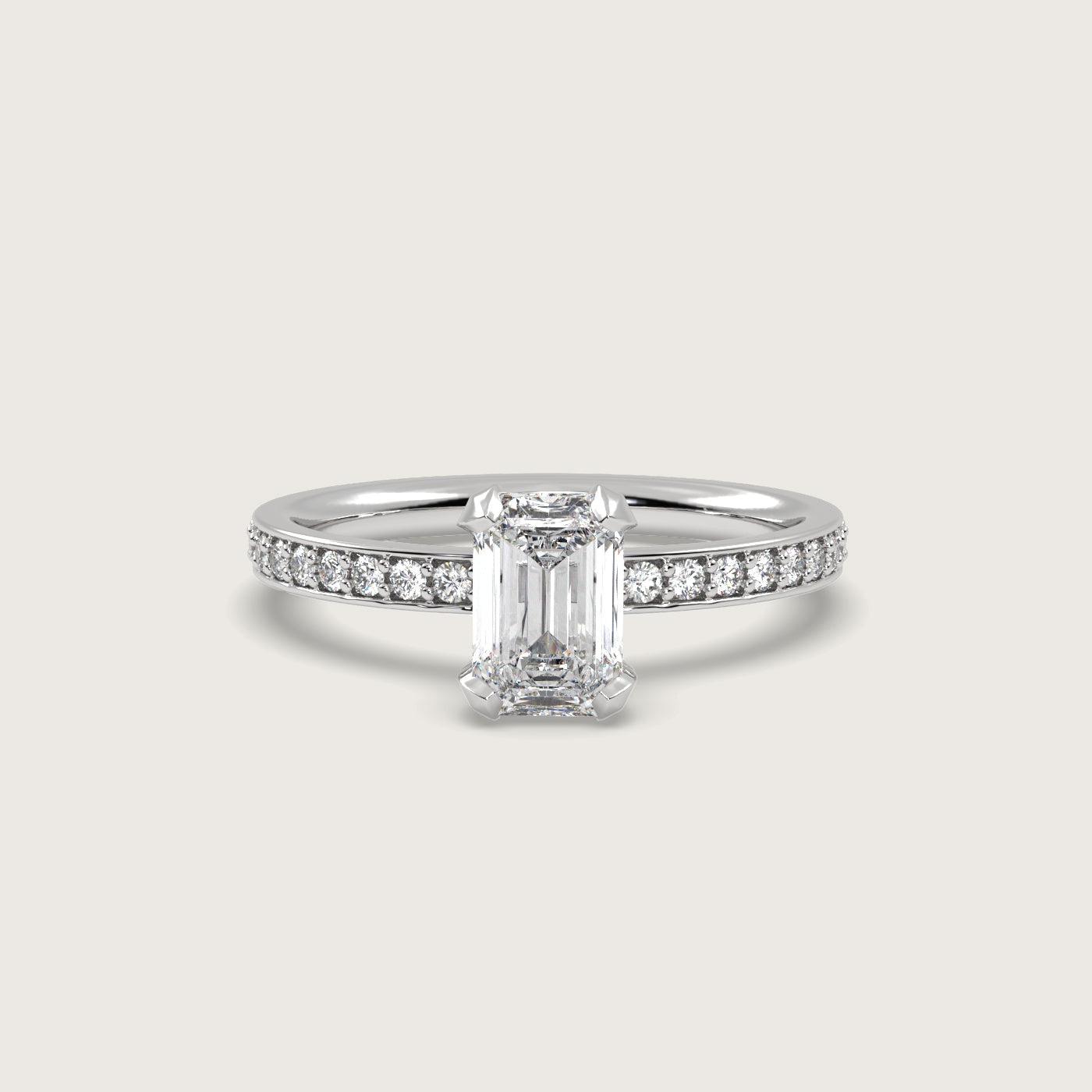 Emerald Cut Diamond Engagement Ring with Pavé Set Band in Fleur de Luce Setting