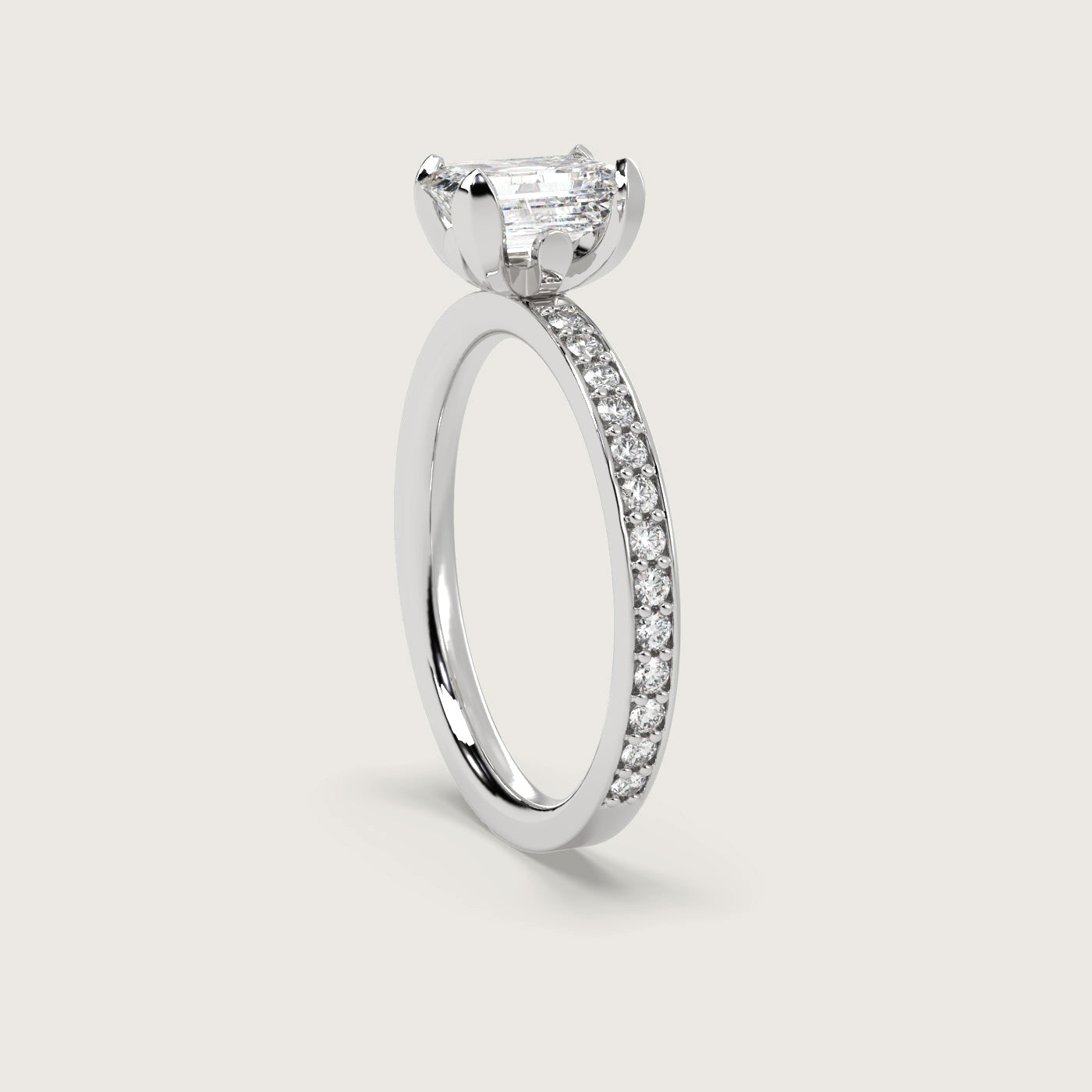 Emerald Cut Diamond Engagement Ring with Pavé Set Band in Fleur de Luce Setting