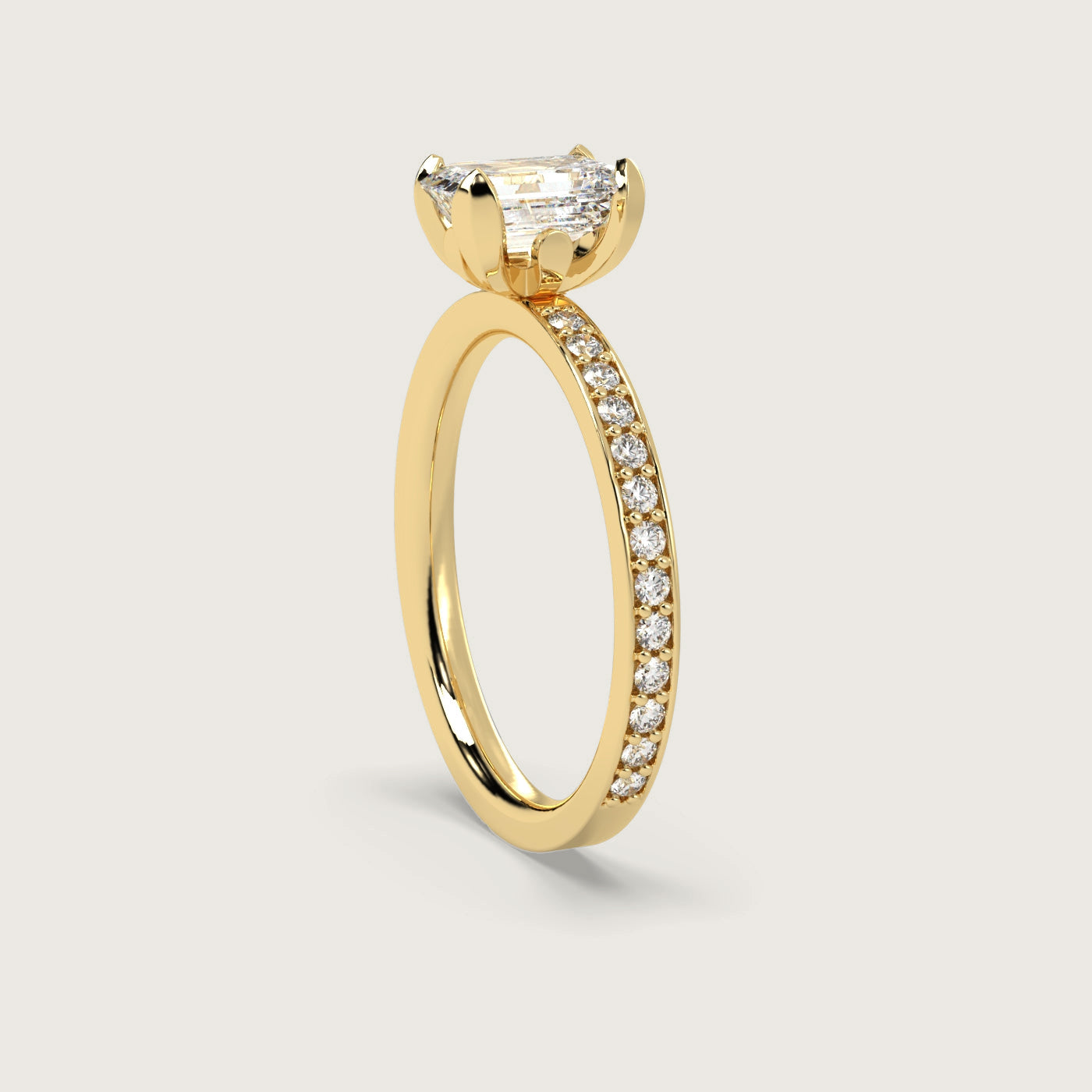 Emerald Cut Diamond Engagement Ring with Pavé Set Band in Fleur de Luce Setting