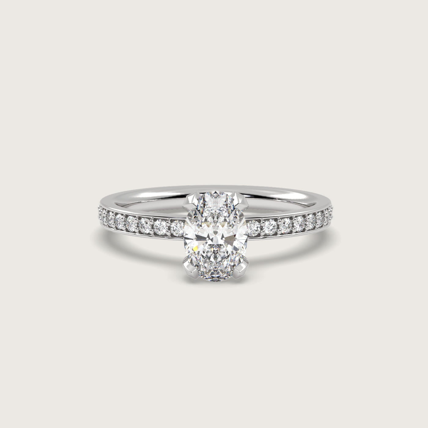 Oval Diamond Solitaire Ring with Pavé Set Band in Fleur de Luce Setting