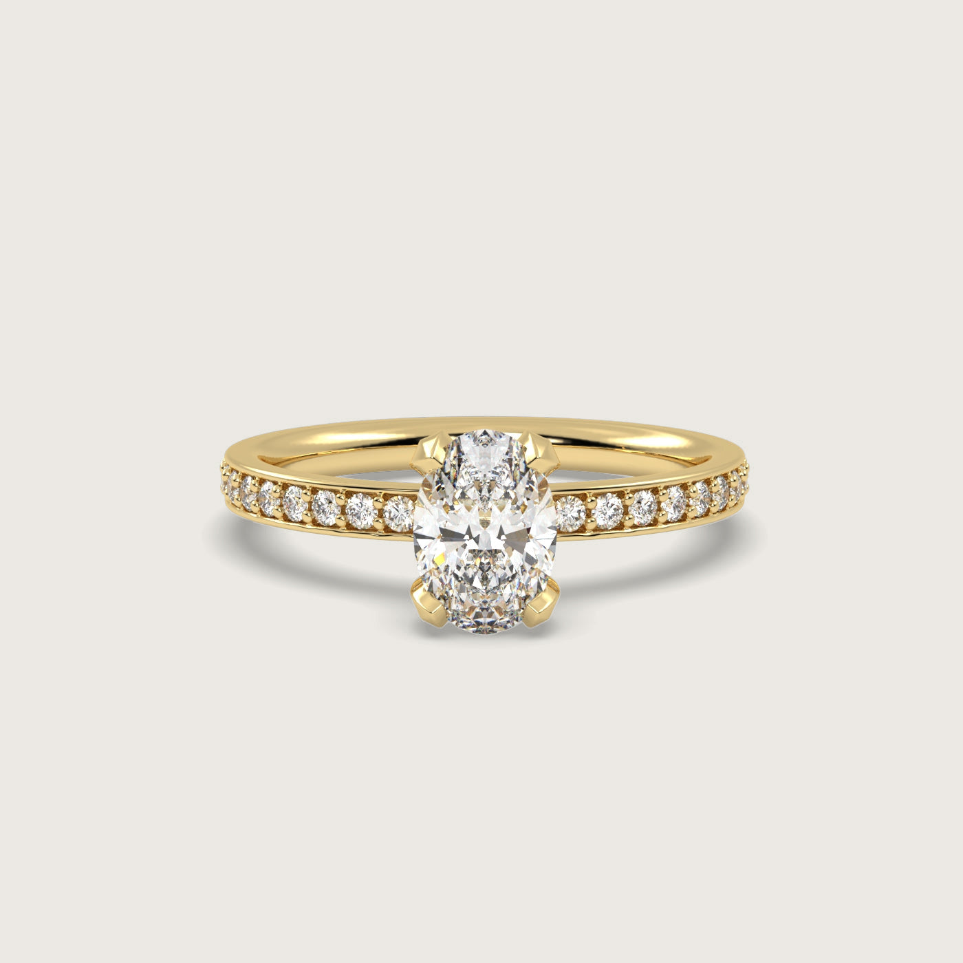 Oval Diamond Solitaire Ring with Pavé Set Band in Fleur de Luce Setting