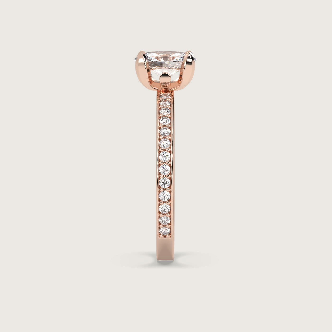 Oval Diamond Solitaire Ring with Pavé Set Band in Fleur de Luce Setting