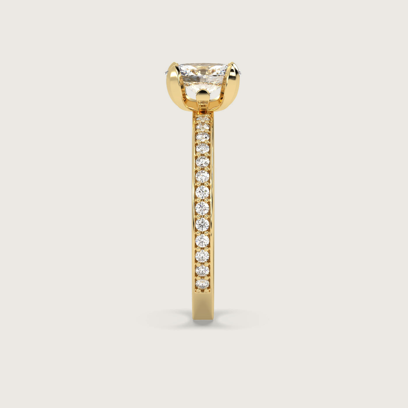 Oval Diamond Solitaire Ring with Pavé Set Band in Fleur de Luce Setting
