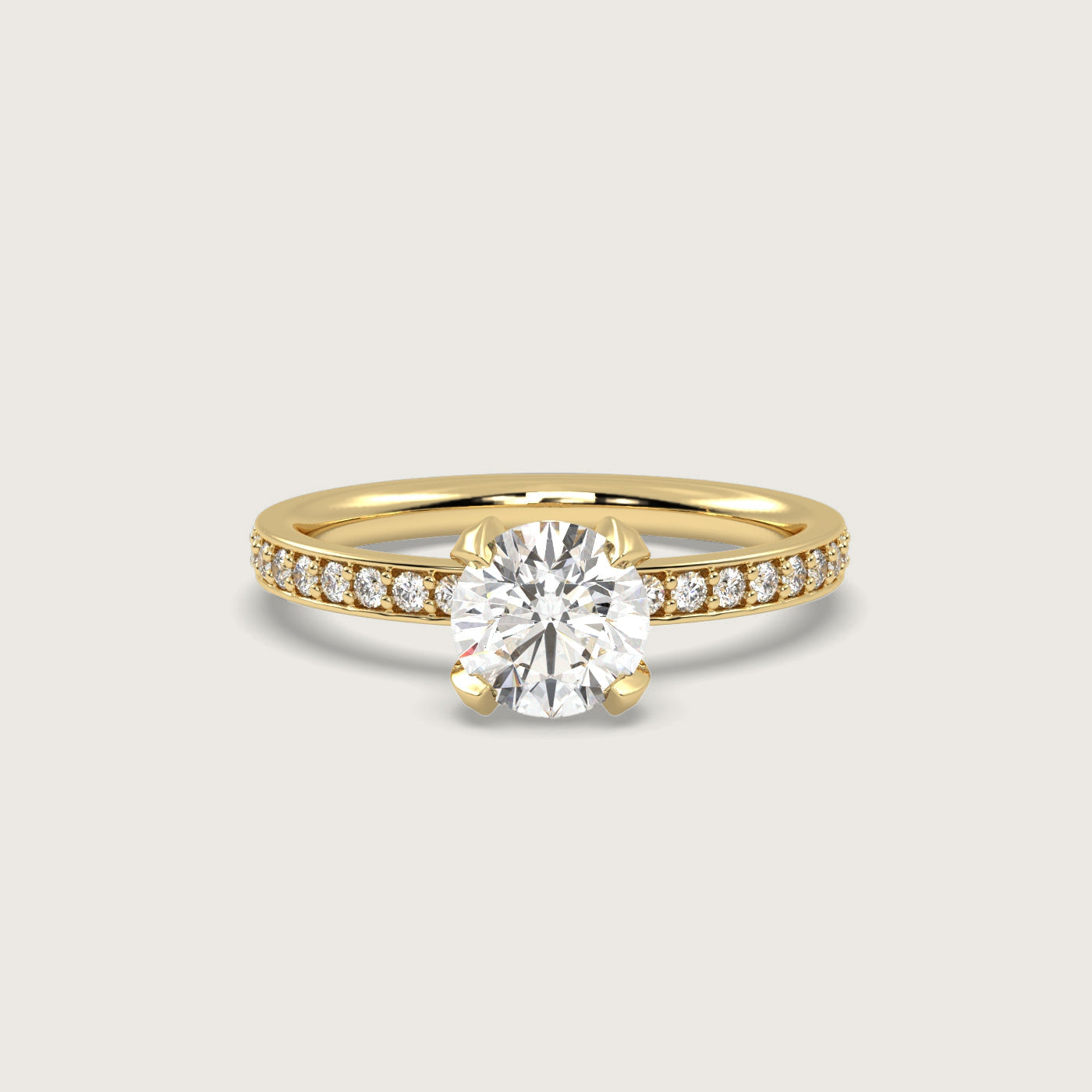Round Diamond Solitaire Ring with Pavé Set Band in Fleur de Luce Setting