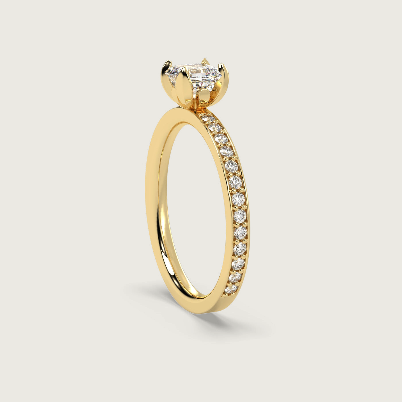 Square Diamond Engagement Ring with Pavé Set Band in Fleur de Luce Setting
