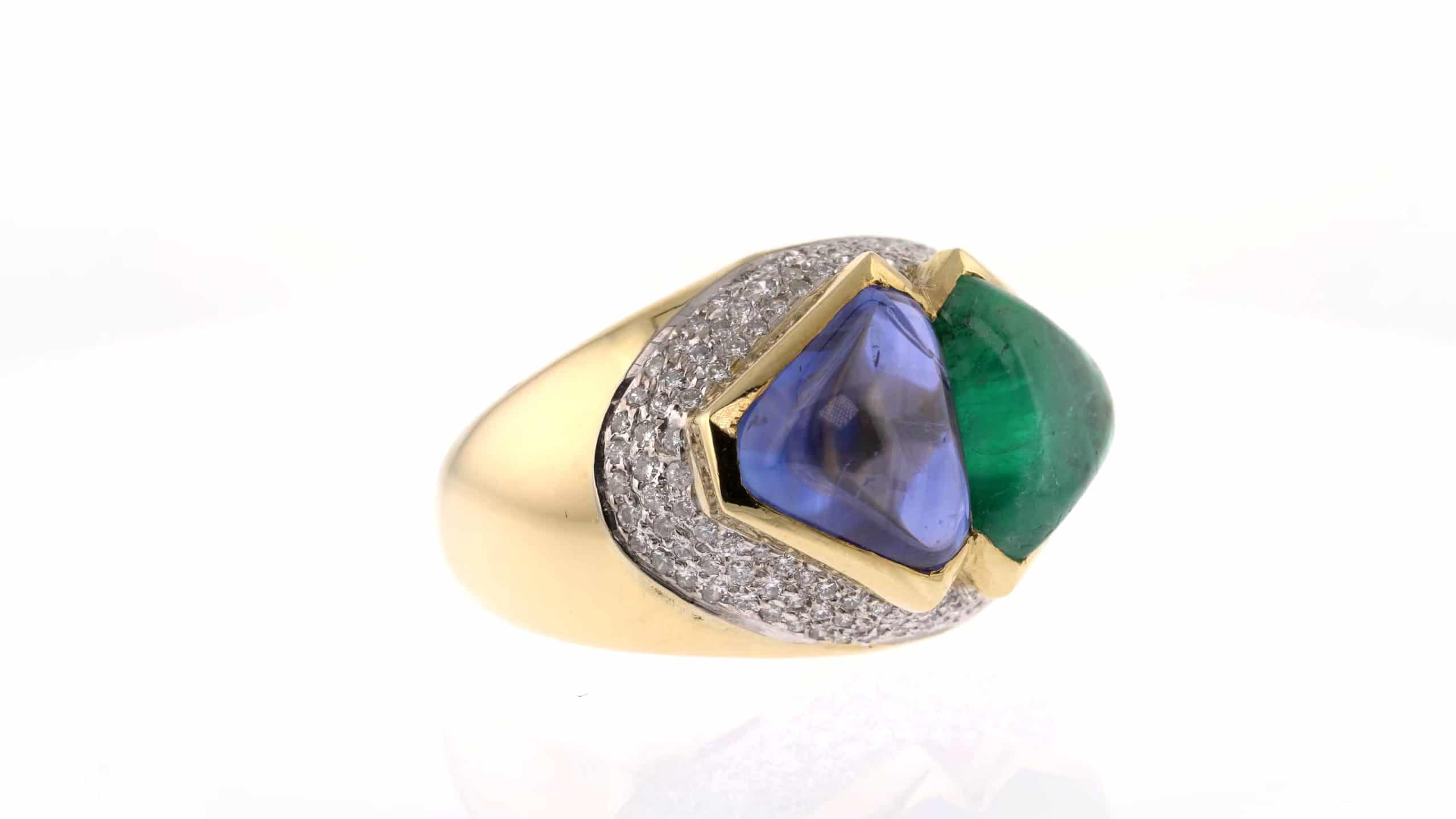 Cocktail Ring: Cabochon Sapphire and Emerald Ring in 18k Yellow Gold
