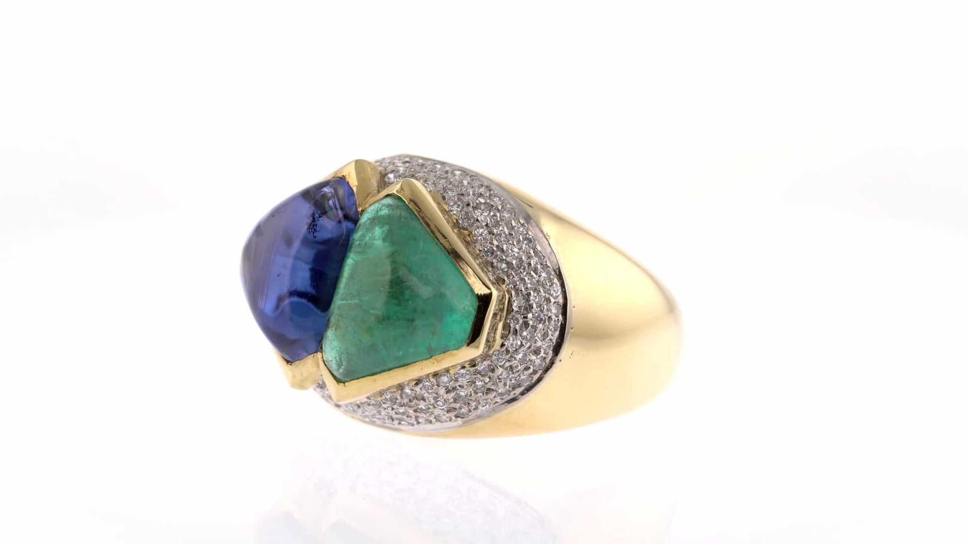 Cocktail Ring: Cabochon Sapphire and Emerald Ring in 18k Yellow Gold