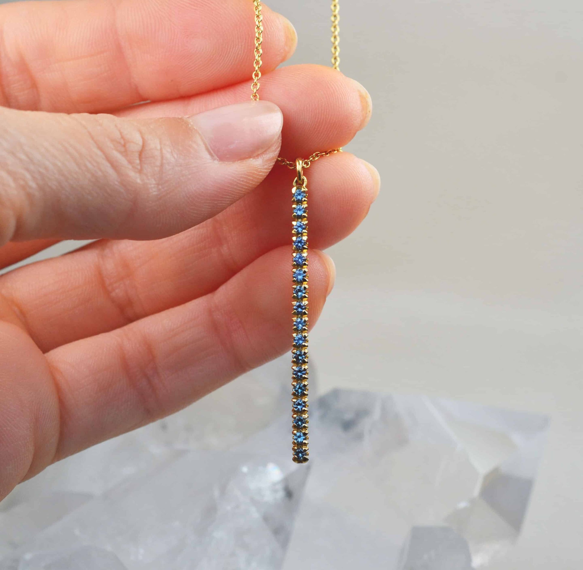 Pendant Necklace: Colour Change Garnet Long Bar Pendant in 18k Yellow Gold