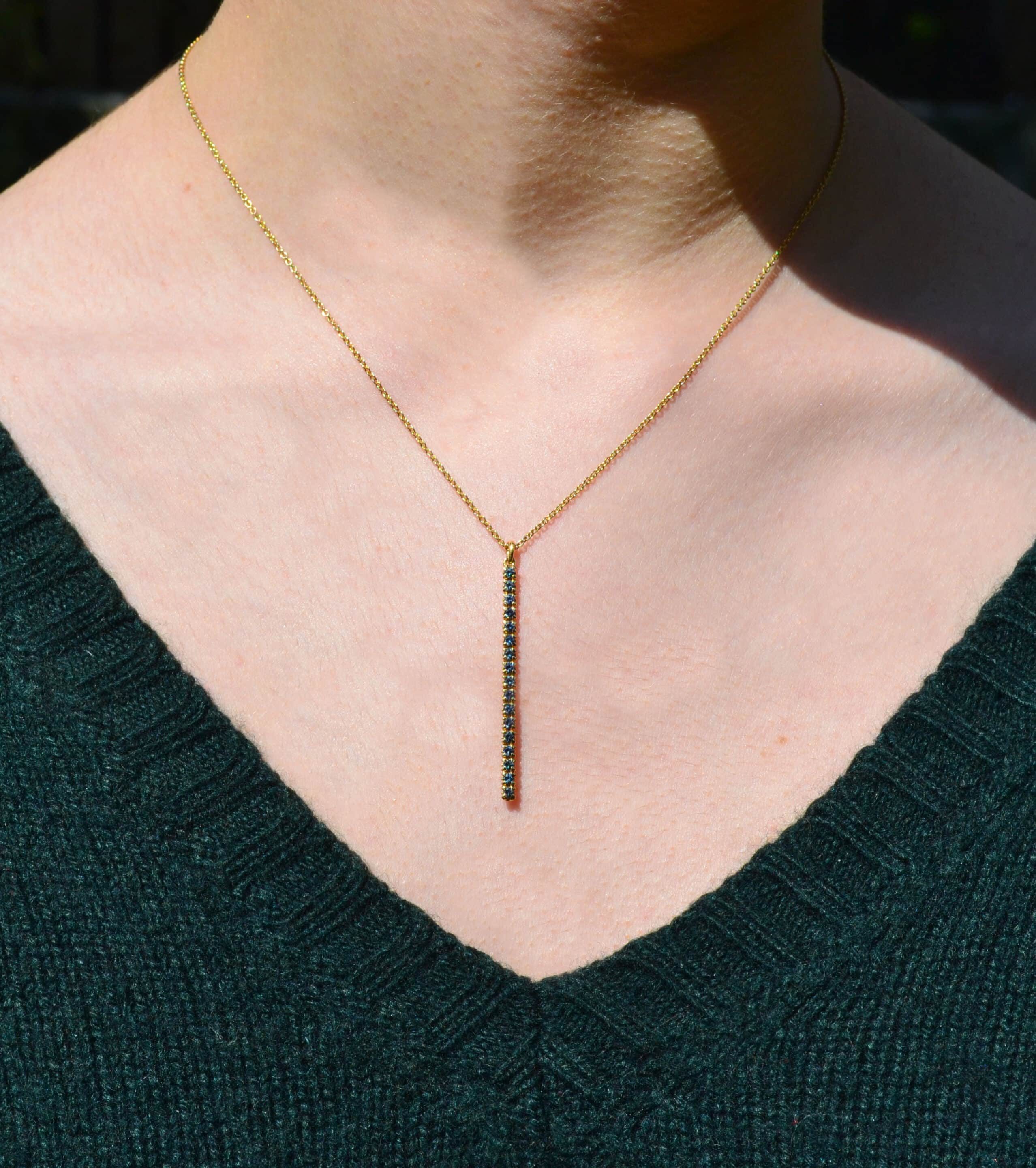 Pendant Necklace: Colour Change Garnet Long Bar Pendant in 18k Yellow Gold