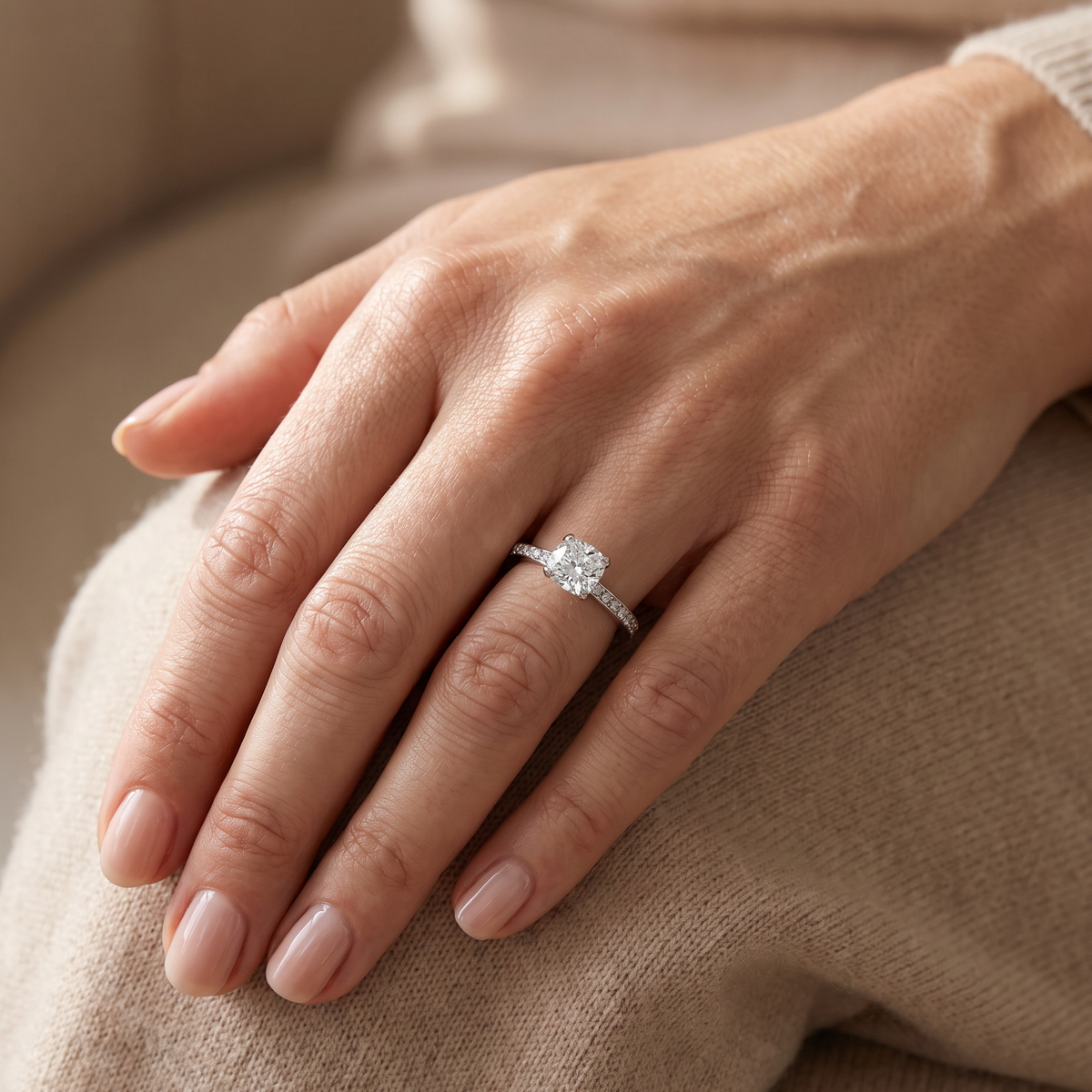 Cushion Diamond Solitaire Ring with Pavé Set Band