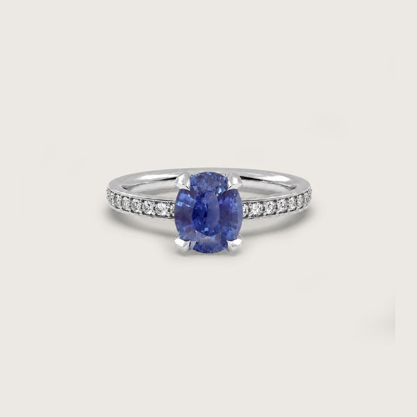 2.13ct Sapphire Fleur de Luce Solitaire Engagement Ring in 18k White Gold