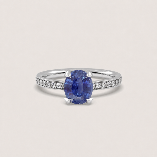 2.13ct Sapphire Fleur de Luce Solitaire Engagement Ring in 18k White Gold