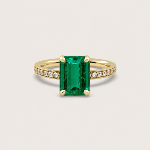 4.93ct Emerald Fleur de Luce Solitaire Engagement Ring in 18k Yellow Gold