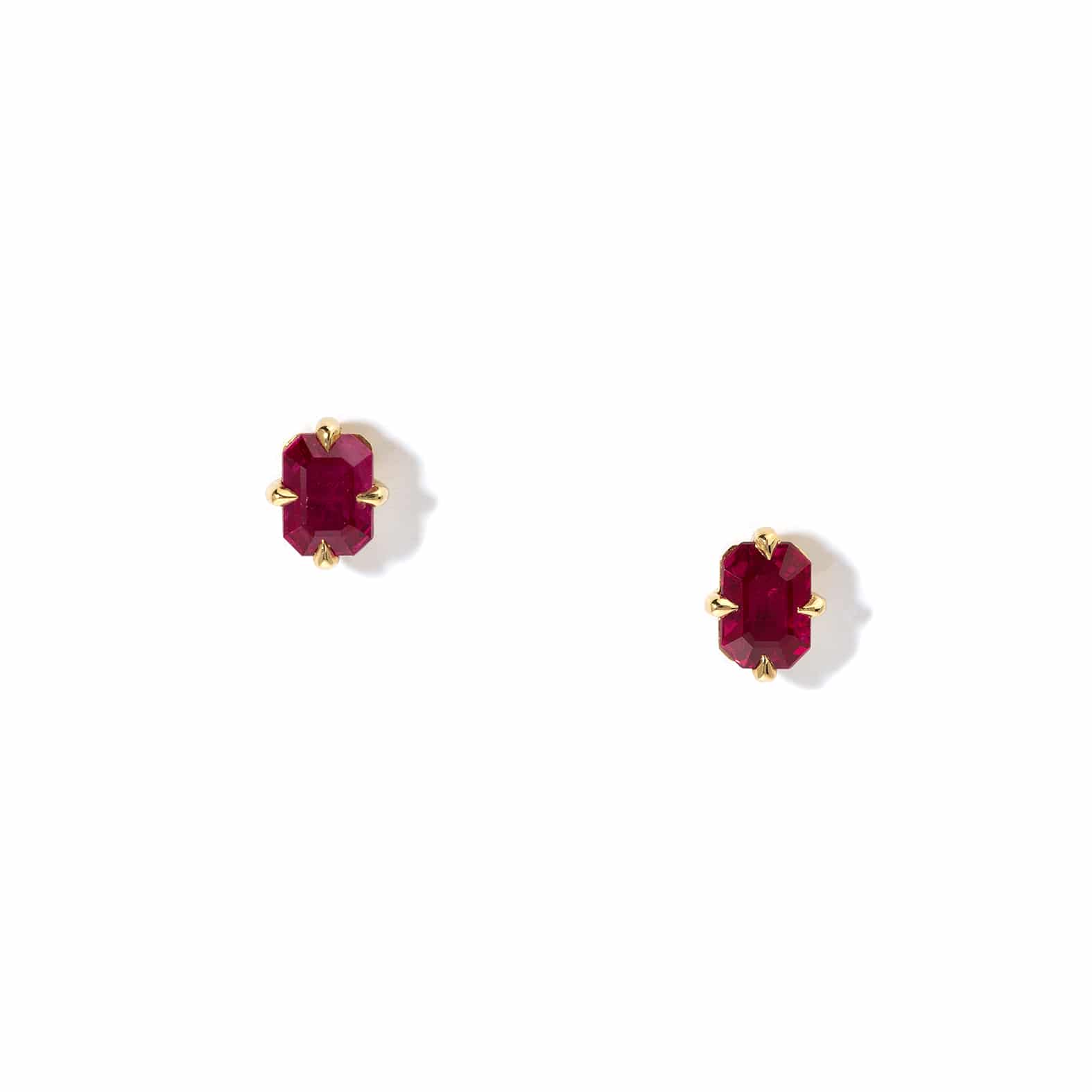 Stud Earrings: Emerald Cut Ruby Studs in 18k Yellow Gold