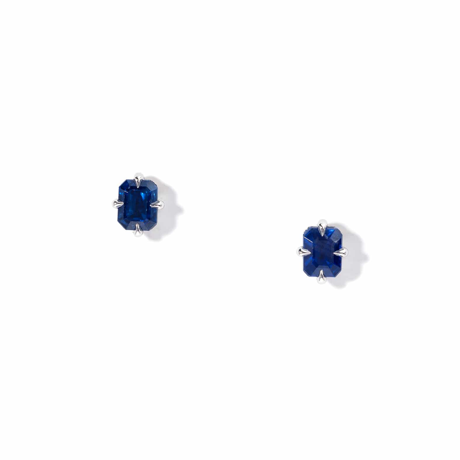 Stud Earrings: Emerald Cut Sapphire Studs in 18k White Gold