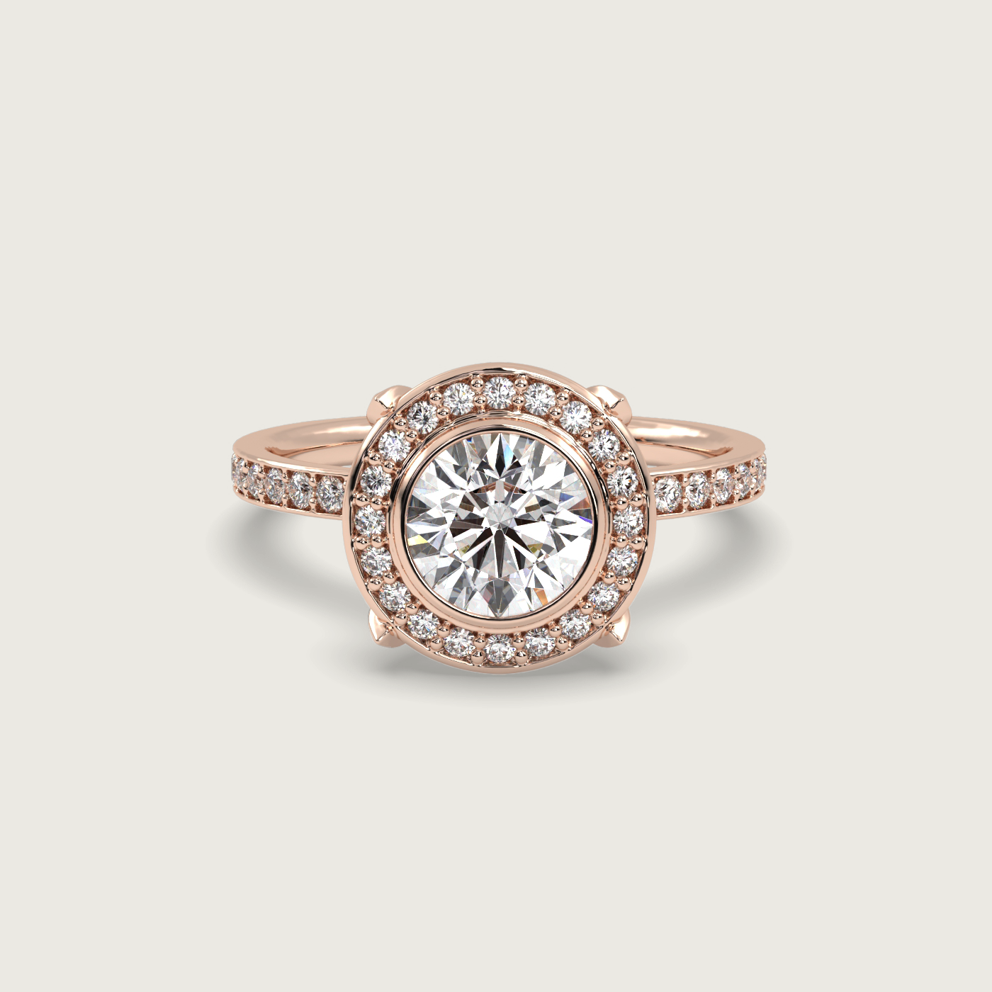 Round Halo Engagement Ring with Pavé Set Band in Fleur de Luce Setting