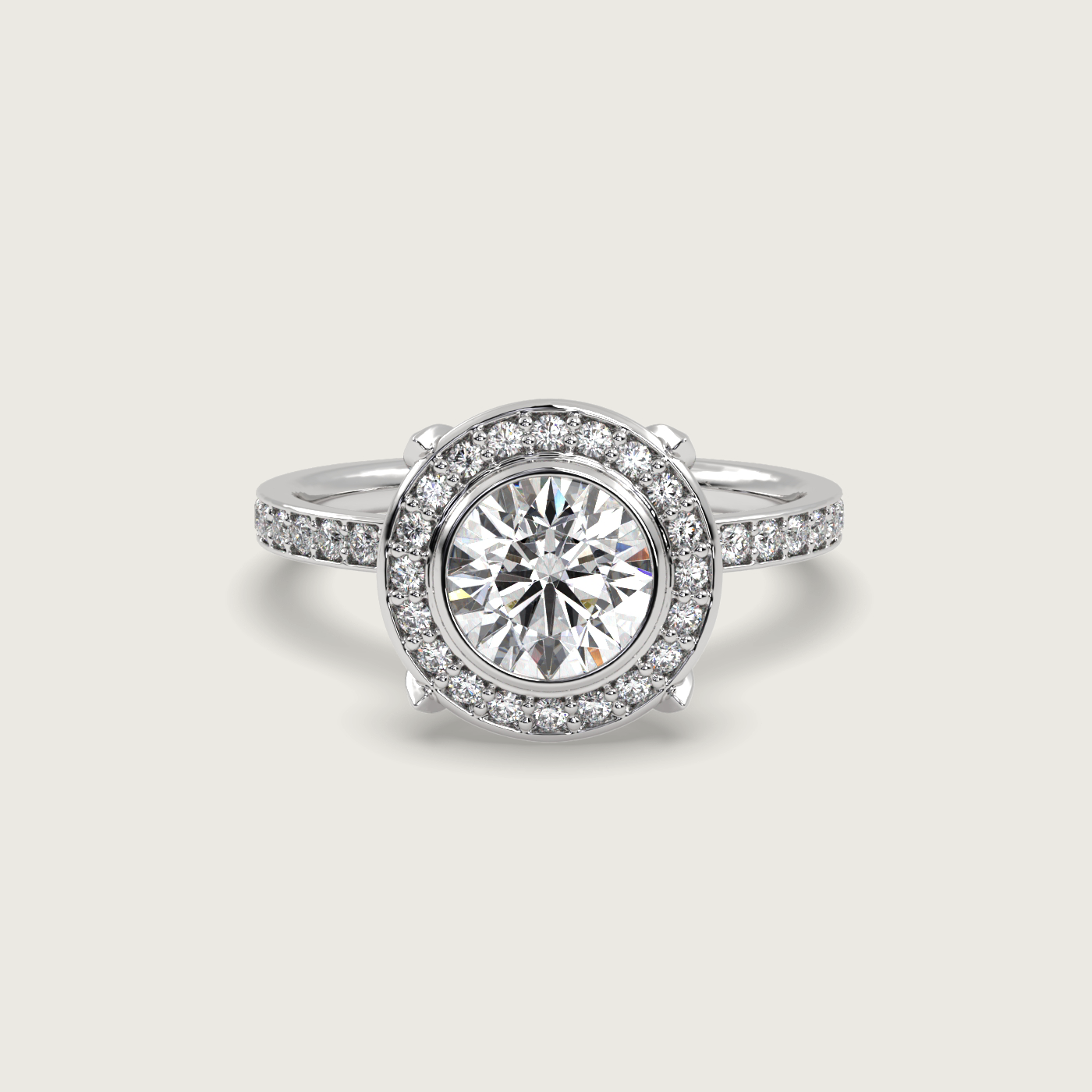 Round Halo Engagement Ring with Pavé Set Band in Fleur de Luce Setting