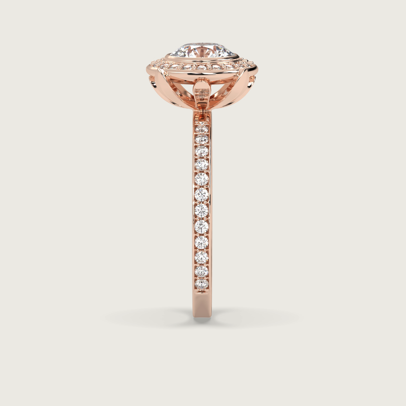 Round Halo Engagement Ring with Pavé Set Band in Fleur de Luce Setting