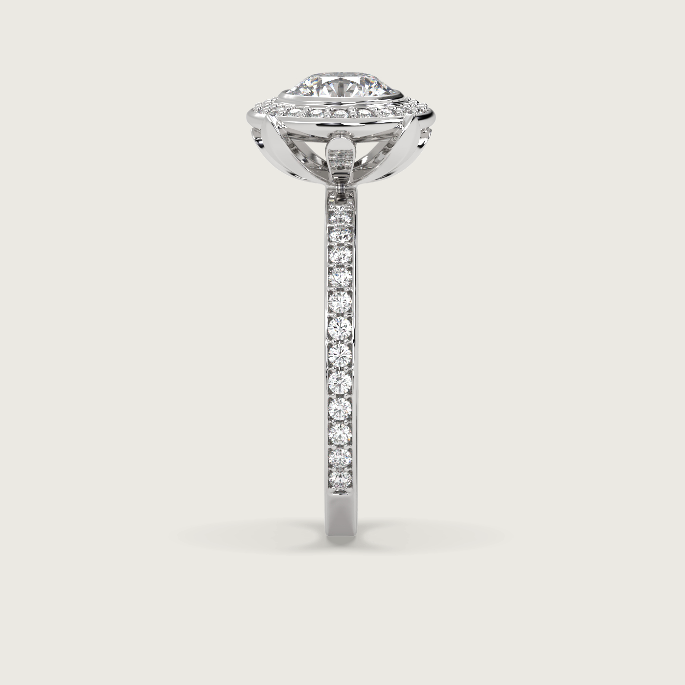 Round Halo Engagement Ring with Pavé Set Band in Fleur de Luce Setting