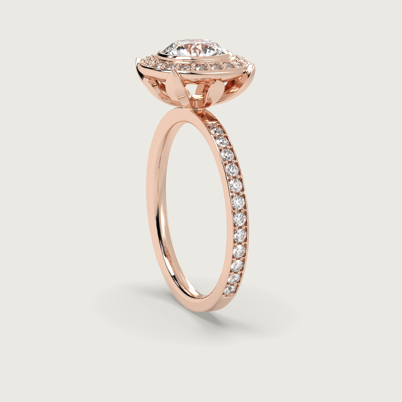 Round Halo Engagement Ring with Pavé Set Band in Fleur de Luce Setting