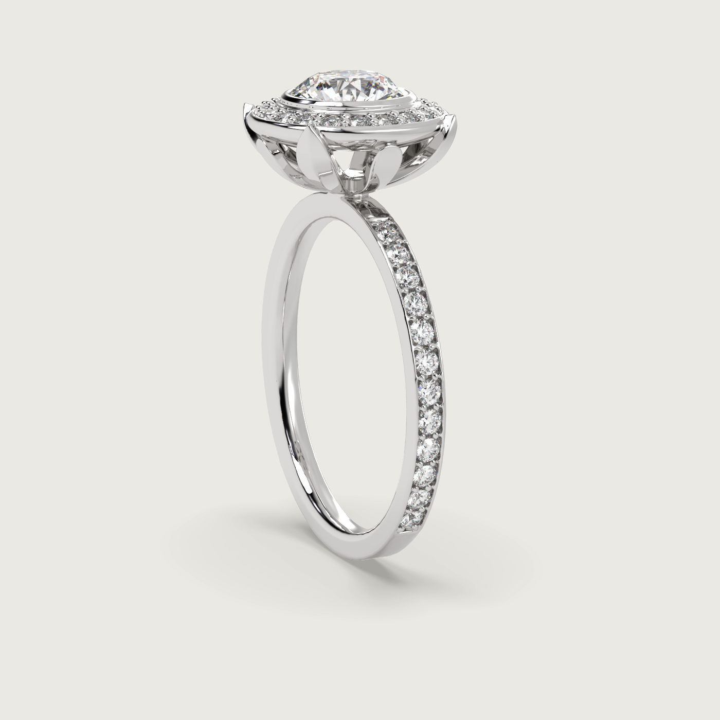 Round Halo Engagement Ring with Pavé Set Band in Fleur de Luce Setting